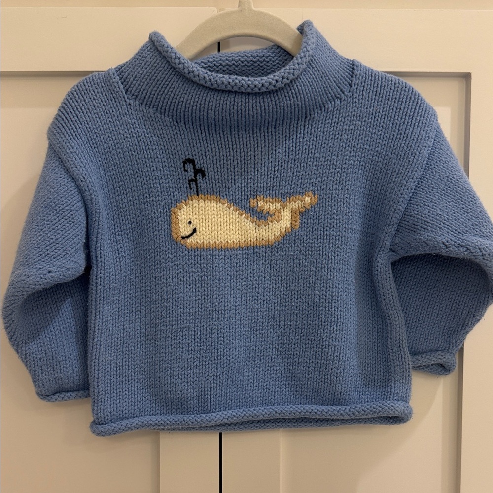 Claver Quality Sweater Light Blue with Tan Whale 18M